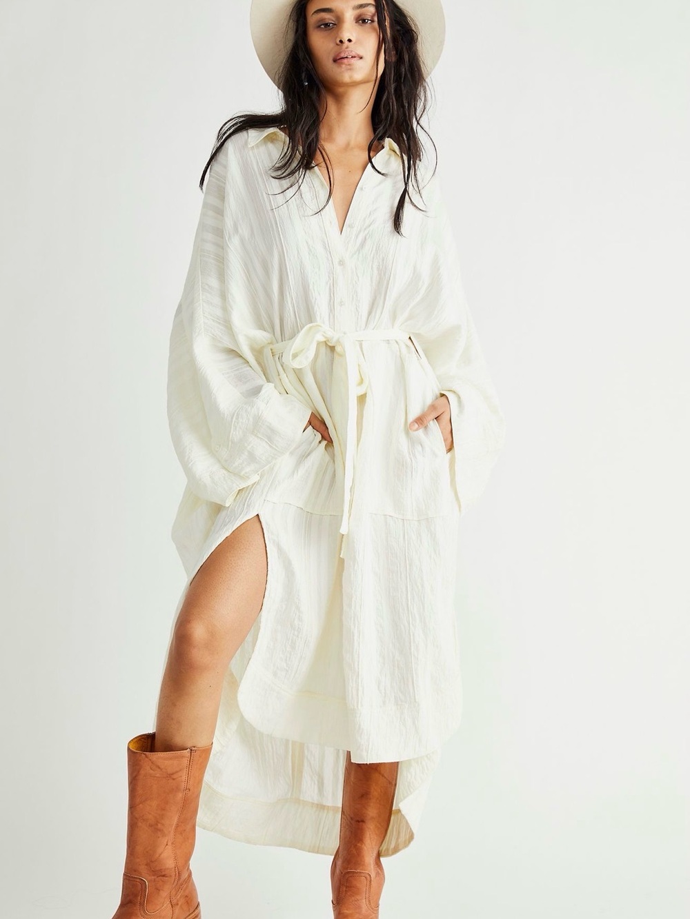 Free People Cream Button-Front Tie-Waist Maxi Dress